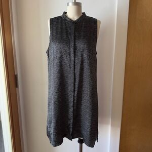 Eileen Fisher 100% Silk Sleeveless Button Up Tunic Top/Shift Dress-Black Dot-Med